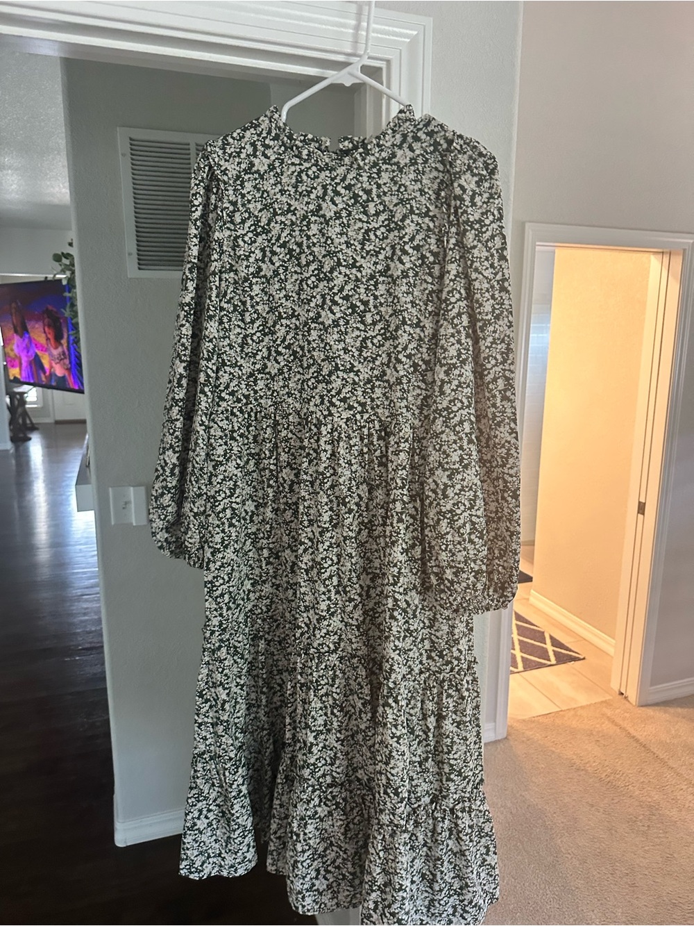 Tuckernuck Floral Long Sleeve Midi Dress in Hunter Green and Cream.